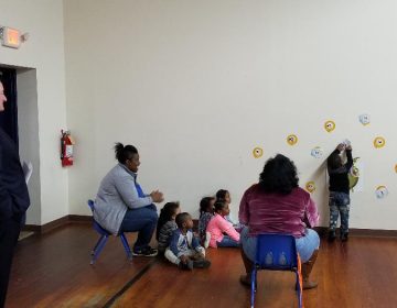 Mayor Jim Kenney observes a pre-K class in Southwest Philadelphia Friday. (Tom MacDonald/ WHYY)