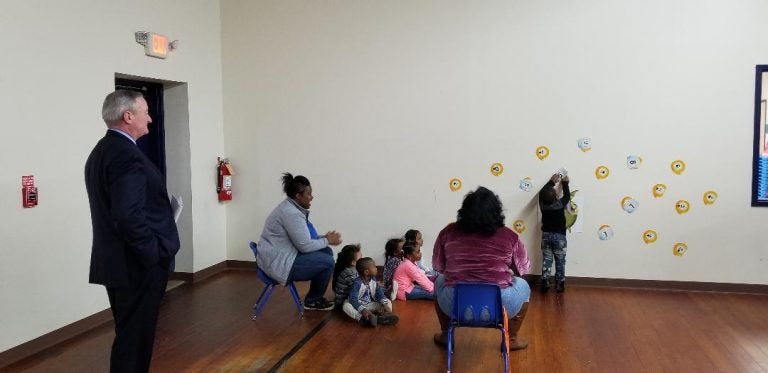 Mayor Jim Kenney observes a pre-K class in Southwest Philadelphia Friday. (Tom MacDonald/ WHYY)