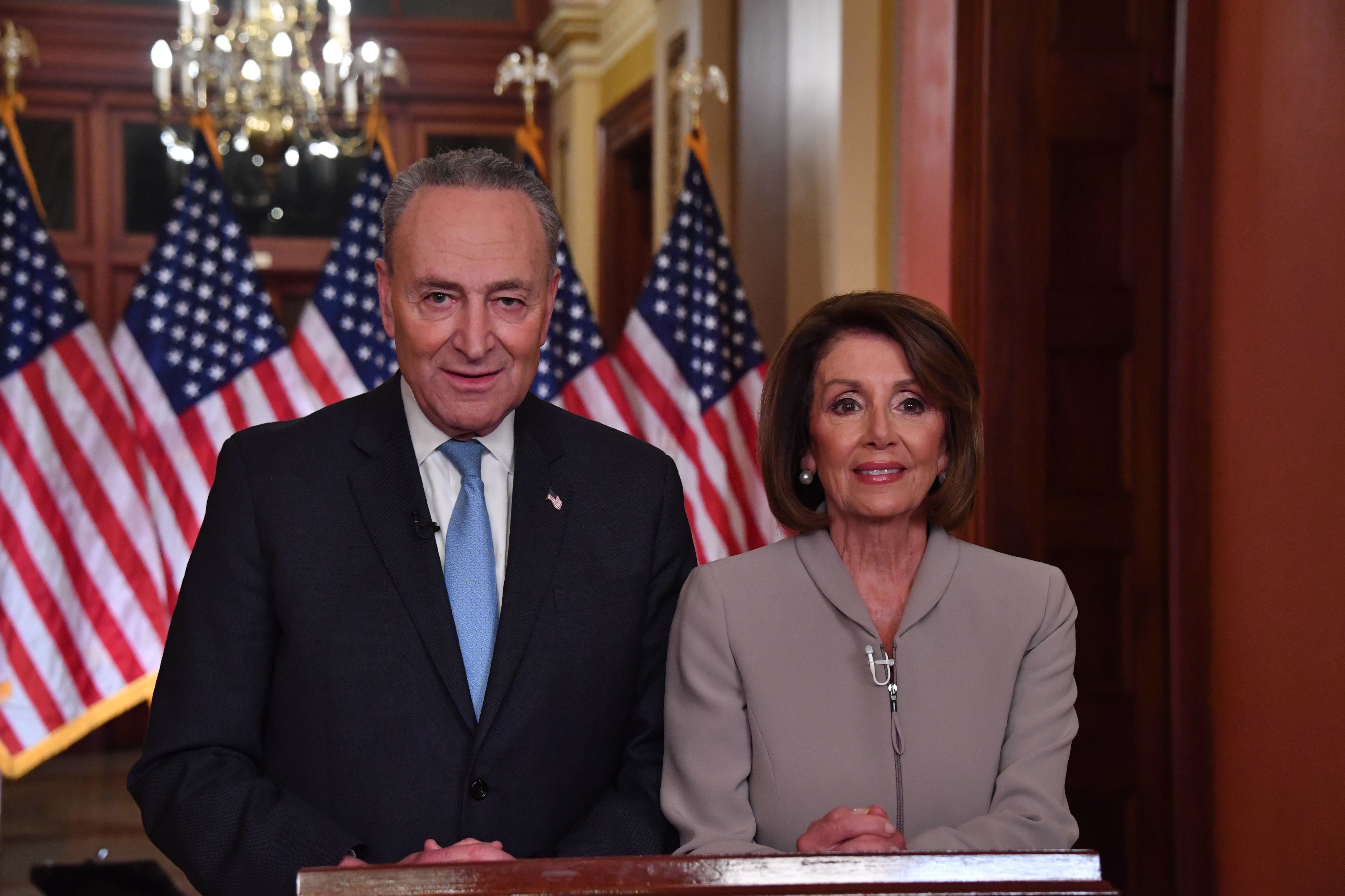 House Speaker Nancy Pelosi and Senate Democratic leader Chuck Schumer after delivering a response to President Donald Trump's televised address to the nation Tuesday.