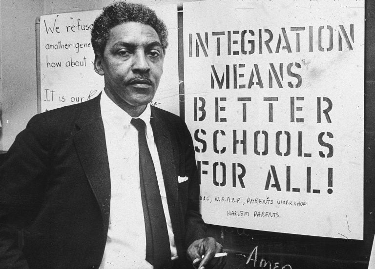 American civil rights activist Bayard Rustin, pictured in 1964, as spokesman for the Citywide Committee for Integration, at the organization's headquarters, Silcam Presbyterian Church in New York City. (Patrick A. Burns/New York Times Co./Getty Images)