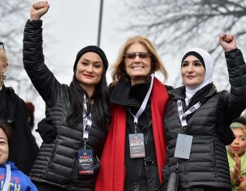 Ginny Suss, Carmen Perez, Gloria Steinem, Linda Sarsour and Mia Ives-Rublee appear at the first Women's March in Washington, D.C., the day after President Trump's 2017 inauguration. Two years later, divisions in the movement have dampened the 2019 events. (Theo Wargo/Getty Images)