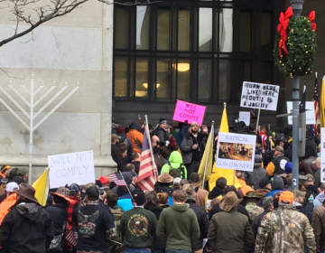 Demonstrators take part in a pro-gun rights rally outside of the City-County Building in downtown Pittsburgh. (Lucy Perkins/90.5 WESA)