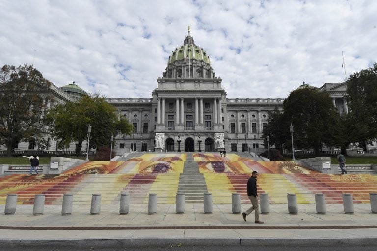 The steps of the Pennsylvania state Capitol are seen on Wednesday, Oct. 31, 2018, in Harrisburg, Pa., covered with an art installation by Michelle Angela Ortiz showing images of young mothers who were held in a facility in Pennsylvania that is one of three family detention centers in the United States that holds children and parents who are seeking asylum or entered the country illegally. (AP Photo/Marc Levy)