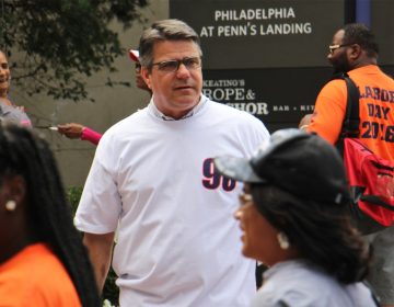 Philadelphia City Councilman Bobby Henon wears a Local 98 T-shirt at the Labor Day parade. Henon's office at City Council was searched by the FBI a month before. (Emma Lee/WHYY)