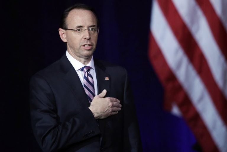 Deputy Attorney General Rod J. Rosenstein stands during opening ceremonies at the Project Safe Neighborhoods National Conference in Kansas City, Mo., Wednesday, Dec. 5, 2018. (Orlin Wagner/AP Photo)