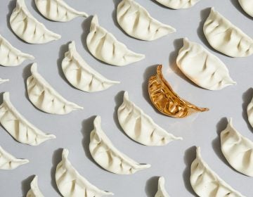 Artist Stephanie Shih remembers making pork-filled dumplings with her family and started her art project by sculpting six of them out of porcelain. She's now made 600. (Robert Bredvad/NPR)