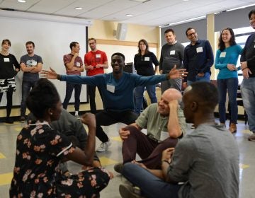 During an icebreaker at the 2018 NYC Stutters conference, attendees play with movement and sound — a treat for those who grew up hating their voices. (Photo courtesy of Paul Isgard)
