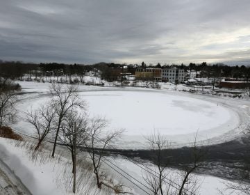 A naturally occurring ice disk that gained international fame appears to be freezing in place following a stretch of frigid weather, Wednesday, Jan. 23, 2019, in Westbrook, Maine. The giant ice disk on the Presumpscot River now has its own webcam. (AP Photo/Robert F. Bukaty)