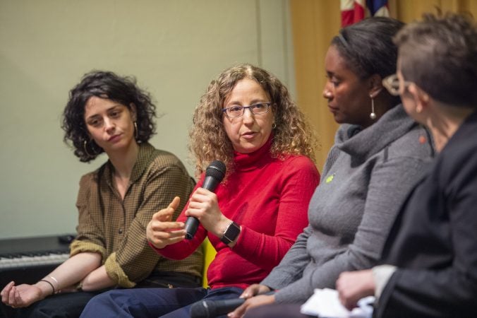 Green Schoolyards America Founder and CEO Sharon Danks explains her organization's findings concerning playground funding at Uneven Play: A Community Dinner and Conversation held at St. Pauls Lutheran Church in Olney. (Jonathan Wilson for WHYY)