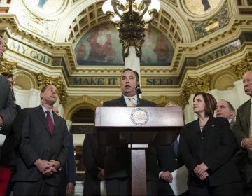 Senate Majority Leader Jake Corman, R-Centre, at the podium, speaks after Democratic Gov. Tom Wolf delivered his budget address for the 2019-20 fiscal year to a joint session of the Pennsylvania House and Senate in Harrisburg, Pa., Tuesday, Feb. 5, 2019. (Matt Rourke/AP Photo)