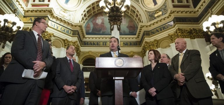 Senate Majority Leader Jake Corman, R-Centre, at the podium, speaks after Democratic Gov. Tom Wolf delivered his budget address for the 2019-20 fiscal year to a joint session of the Pennsylvania House and Senate in Harrisburg, Pa., Tuesday, Feb. 5, 2019. (Matt Rourke/AP Photo)