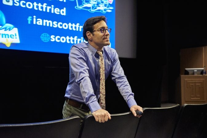 Scott Fried speaks at Temple University on November 27, 2018. His educational program focuses on consent, self-care, sexual assault prevention, and healthy relationships. (Natalie Piserchio for WHYY)