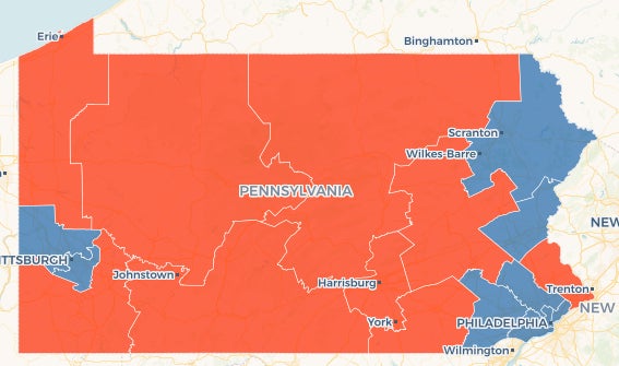 In this map showing the results of 2018 election, blue indicates congressional districts that went to Democrats and red shows districts that went to republicans. (Keystone Crossroads)