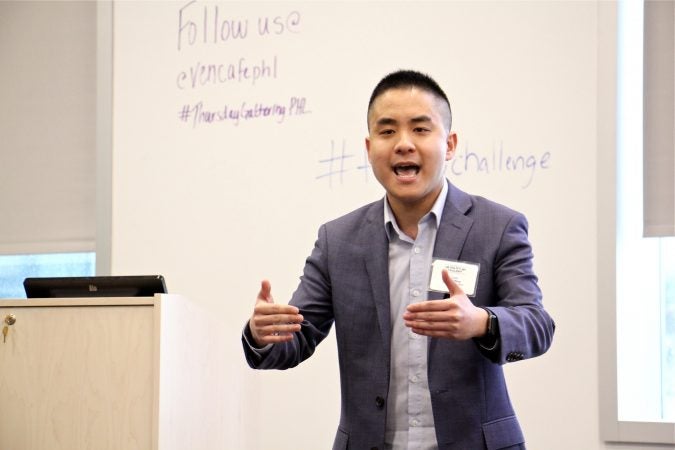 Oscar Wang, representing Hospitality Together, pitches a plan for a college alternative that places students in food industry jobs and enrolls them in digital courses. (Emma Lee/WHYY)