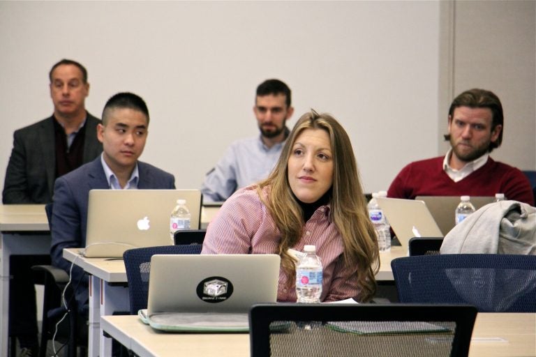 Finalists in the Full City Challenge gather for a workshop at Drexel University Science Center to hone their pitches. (Emma Lee/WHYY)