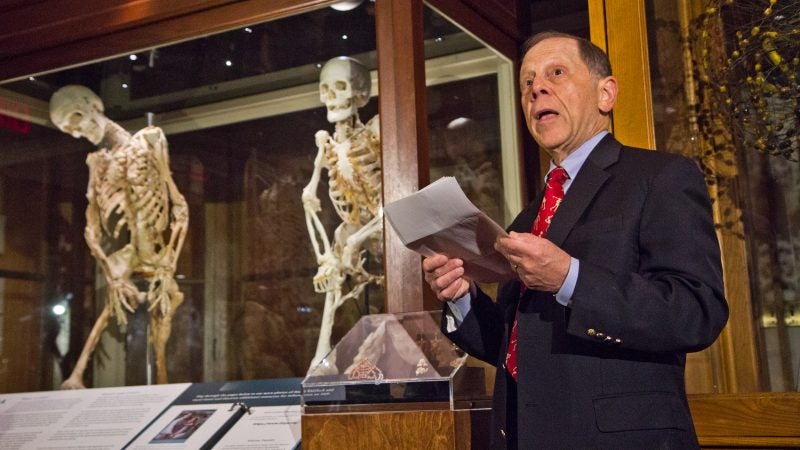 Carol Orzel’s doctor, Frederick Kaplan, chief of Molecular Orthopaedic Medicine at the University of Pennsylvania, memorialized Carol fondly. Her skeleton is now on display at Philadelphia’s Mütter Museum according to her wishes. (Kimberly Paynter/WHYY)