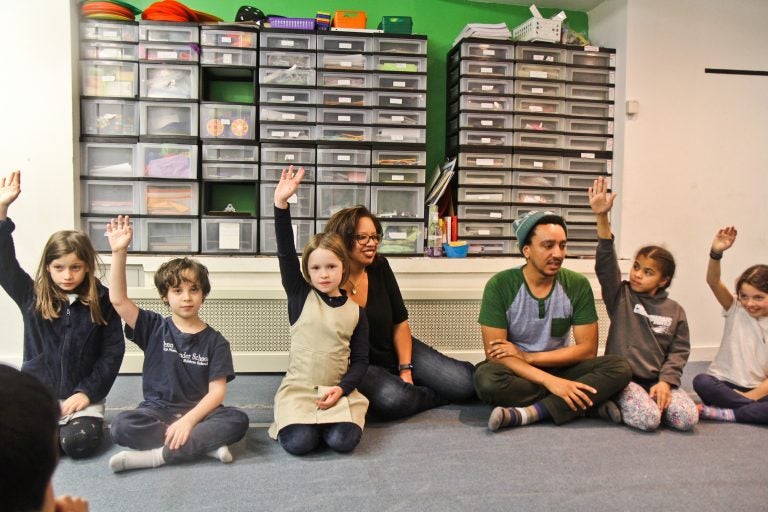 Students at the Trapezium Math Club practice skip counting, an exercise which helps them learn multiplication. (Kimberly Paynter/WHYY)