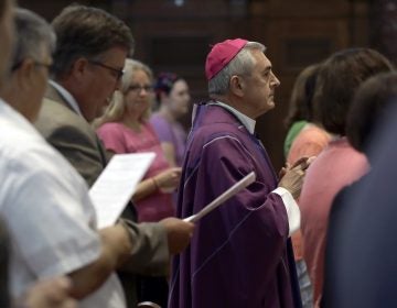 Bishop Ronald Gainer, of the Harrisburg Diocese, arrives to celebrate mass at the Cathedral Church of Saint Patrick in Harrisburg, Pa., Friday, Aug. 17, 2018.  (AP Photo/Matt Rourke)