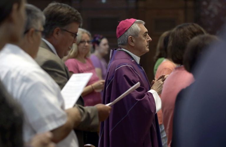 Bishop Ronald Gainer, of the Harrisburg Diocese, arrives to celebrate mass at the Cathedral Church of Saint Patrick in Harrisburg, Pa., Friday, Aug. 17, 2018.  (AP Photo/Matt Rourke)