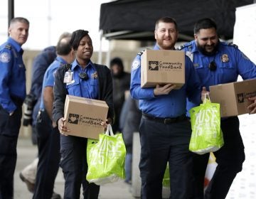 Transportation Security Administration employees carry boxes of non perishables and bags of produce received from the Community Food Bank at a drive at Newark Liberty International Airport to help government employees who are working without pay during the partial government shutdown, Wednesday, Jan. 23, 2019, in Newark, N.J. (Julio Cortez/AP Photo)