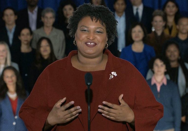 In this pool image from video, Stacey Abrams delivers the Democratic party's response to President Donald Trump's State of the Union address, Tuesday, Feb. 5, 2019 from Atlanta.  (Pool video image via AP)