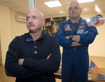 In this March 26, 2015 file photo, U.S. astronaut Scott Kelly, (right), crew member of the mission to the International Space Station, stands behind glass in a quarantine room, behind his brother, Mark Kelly, also an astronaut, after a news conference in the Russian-leased Baikonur, Kazakhstan cosmodrome. Nearly a year in space put Scott Kelly's immune system on high alert and changed the activity of some of his genes compared to his Earth-bound identical twin, according to a report released on Friday, Feb. 15, 2019. (Dmitry Lovetsky/AP Photo)