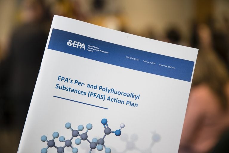Displayed is an Environmental Protection Agency report ahead of a news conference in Philadelphia, Thursday, Feb. 14, 2019. Under strong pressure from Congress, the EPA said Thursday that it will move ahead this year with a process that could lead to setting a safety threshold for a group of highly toxic chemicals in drinking water. (Matt Rourke/AP Photo)