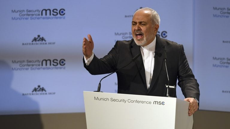 Iranian Foreign Minister Mohammad Javad Zarif speaks during the Munich Security Conference in Munich, Germany, Sunday, Feb. 17, 2019. (Kerstin Joensson/AP Photo)