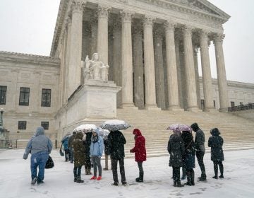 Visitors wait to enter the Supreme Court as a winter snow storm hits the nation's capital making roads perilous and closing most Federal offices and all major public school districts, on Capitol Hill in Washington, Wednesday, Feb. 20, 2019. The Supreme Court is ruling unanimously that the Constitution's ban on excessive fines applies to the states. (J. Scott Applewhite/AP Photo)