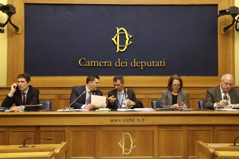 (From left) Italian radical party lawmaker Riccardo Maggi, Mark Rozzi, Democratic member of the Pennsylvania House of Representatives, Italian survivor of sex abuse Francesco Zanardi, Anne Barrett Doyle, of Bishop Accountability, and Tim Lennon, of SNAP, attend a press conference at the Italian Lower Chamber press hall in Rome, Thursday, Feb. 21, 2019. Pope Francis opened a landmark sex abuse prevention summit Thursday by warning senior Catholic figures that the faithful are demanding concrete action against predator priests and not just words of condemnation. (Gregorio Borgia/AP Photo)