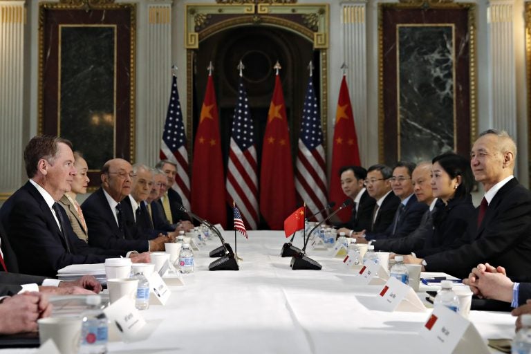 U.S. Trade Representative Robert Lighthizer, (left), and Chinese Vice Premier Liu He, (right), attend a meeting of senior U.S. and Chinese officials to resume trade negotiations, Thursday, Feb. 21, 2019, in the Indian Treaty Room of the Eisenhower Executive Office Building at the White House complex, in Washington. (Jacquelyn Martin/AP Photo)