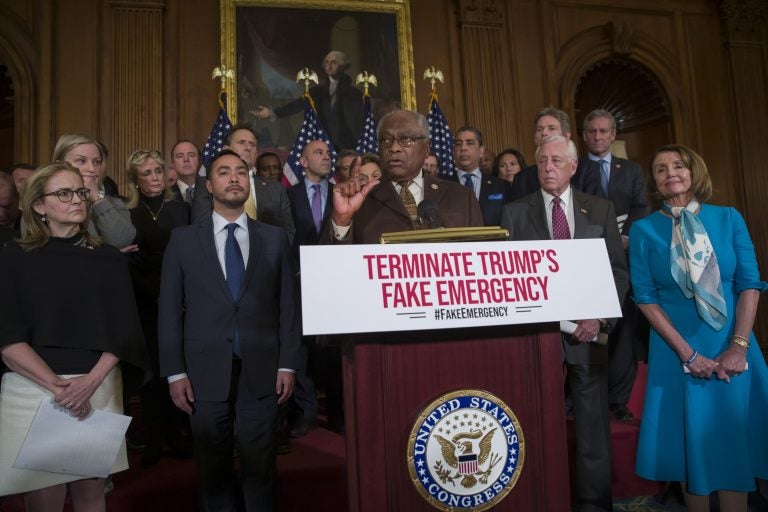 House Majority Whip James Clyburn of South Carolina speaks accompanied by Rep. Madeleine Dean, D-Pennsylvania, left, Rep. Joaquin Castro, D-Texas, House Majority Leader Steny Hoyer of Maryland, House Speaker Nancy Pelosi of California, right, and others about the resolution to block President Donald Trump's emergency border security declaration on Capitol Hill Monday.
 (AP Photo/Alex Brandon)