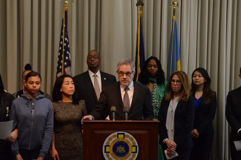 Philadelphia District Attorney Larry Krasner and supporters make an announcement on handling of juvenile criminal justice cases. (Tom MacDonald/WHYY)