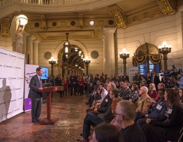 David Thornburgh, President and CEO of the Committee of Seventy, address the crowd at aDraw the Lines  PA event in Harrisburg on February 6, 2019. (Photo courtesy of Draw the Lines PA)
