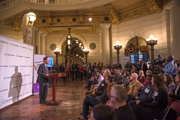 David Thornburgh, President and CEO of the Committee of Seventy, address the crowd at aDraw the Lines  PA event in Harrisburg on February 6, 2019. (Photo courtesy of Draw the Lines PA)