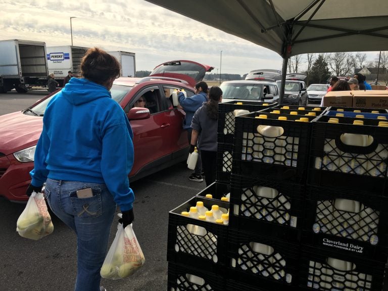 Volunteers load food into cars at the Food Bank of Delaware’s mobile food pantry in Georgetown, Delaware on Friday. (Mark Eichmann/WHYY)
