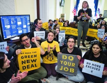 Environmental activists occupy the office of House Democratic Leader Nancy Pelosi this past December. They plan more sit-ins to push for support of a sweeping resolution to address climate change. (J. Scott Applewhite/AP Photo)
