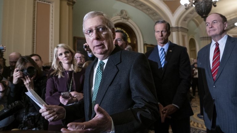Senate Majority Leader Mitch McConnell, R-Ky., joined by fellow Republican senators, spoke about the Green New Deal Tuesday.
(J. Scott Applewhite/AP Photo)