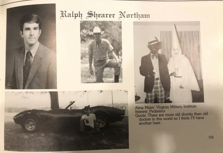 This image shows Virginia Gov. Ralph Northam’s page in his 1984 Eastern Virginia Medical School yearbook. The page shows a picture, at right, of a person in blackface and another wearing a Ku Klux Klan hood next to different pictures of the governor. It's unclear who the people in the picture are, but the rest of the page is filled with pictures of Northam and lists his undergraduate alma mater and other information about him. (Eastern Virginia Medical School via AP)