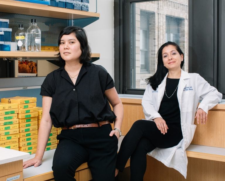 Their research is still in early stages, but Kristin Myers (left), a mechanical engineer, and Dr. Joy Vink, an OB-GYN, both at Columbia University, have already learned that cervical tissue is a more complicated mix of material than doctors ever realized. (Adrienne Grunwald for NPR)