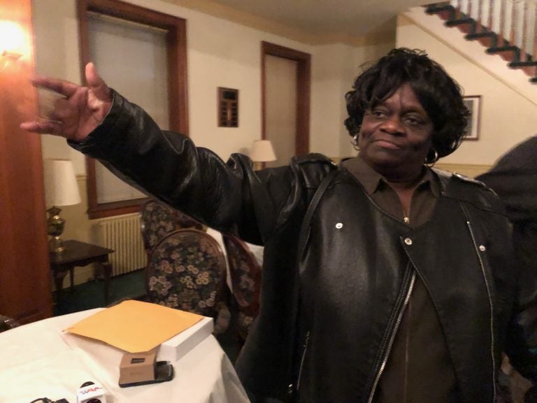 North Philadelphia ward leader Daphne Goggins celebrates after GOP ward leaders vote against reconsidering their endorsement of her candidacy for mayor. (Joe Hernandez/WHYY)