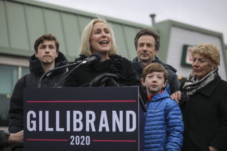 Surrounded by her family, Sen. Kirsten Gillibrand, D-N.Y., announces that she will run for president in 2020 on Jan. 16, 2019, in Troy, N.Y. (Drew Angerer/Getty Images)