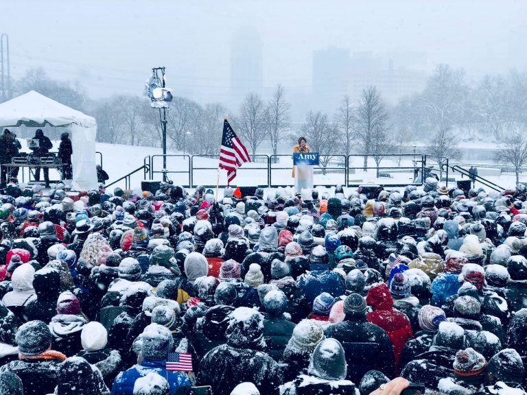 Sen. Amy Klobuchar , D-Minn., announces her candidacy for president during a snow fall on Feb. 10, 2019 in Minneapolis, Minnesota. (Kerem Yucel/AFP/Getty Images)