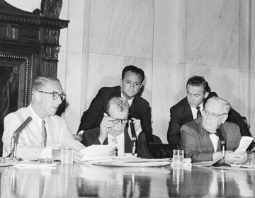 Sen. Estes Kefauver, D-Tenn., (left) and Sen. Everett Dirksen, R-Ill., (second from left) clashed at the reopening of a Senate drug investigation in 1960 over whether witnesses could be forced to reveal business secrets while testifying. (Bettmann Archive/Getty Images)