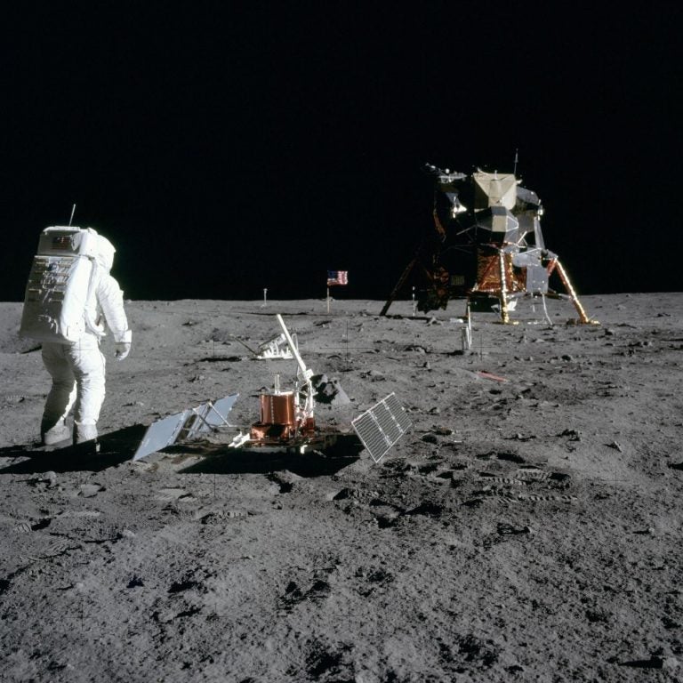 Astronaut Buzz Aldrin walks on the moon during the Apollo 11 mission in 1969. The landing site at Tranquility Base has remained mostly untouched — though that could change as more nations and even commercial companies start to explore the moon. (NASA)