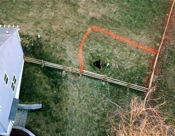 A sinkhole that opened up in January outside a suburban home at Lisa Drive in West Whiteland Township, Chester County, is surrounded by orange plastic fencing.(Eric Friedman)