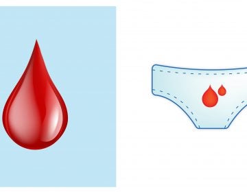 The red drop of blood (left) was designated as an official emoji to symbolize menstruation, among other things, this year. The design at right, submitted in 2017, was not accepted.
(Unicode; Plan International UK)