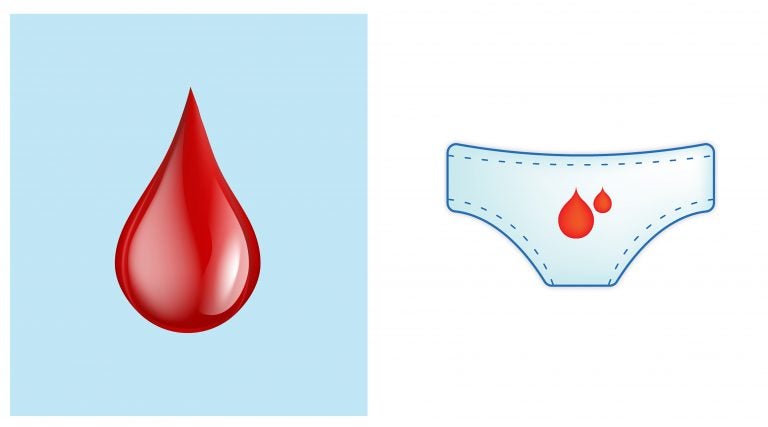 The red drop of blood (left) was designated as an official emoji to symbolize menstruation, among other things, this year. The design at right, submitted in 2017, was not accepted.
(Unicode; Plan International UK)