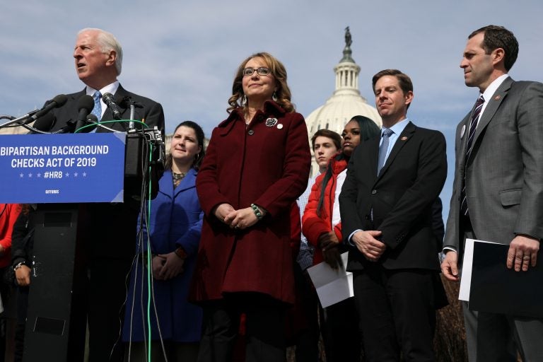 U.S. Rep. Mike Thompson (left), D-Calif., joined by shooting survivor and former Rep. Gabby Giffords of Arizona, holds a news conference about his proposed gun background check legislation, on Capitol Hill on Tuesday. U.S. Rep. Mike Thompson (left), D-Calif., joined by shooting survivor and former Rep. Gabby Giffords of Arizona, holds a news conference about his proposed gun background check legislation, on Capitol Hill on Tuesday.
(Jonathan Ernst/Reuters)