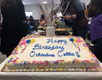 Cake was served at the Philly Transit Equity Day event in Center City to honor the 180th birthday of Octavius Catto. (Darryl Murphy/WHYY)